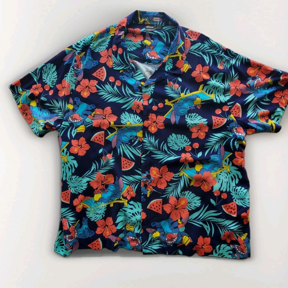 Disney Stitch Men's Blue Hawaiian Floral Size 3XL Short Sleeve Button-Up Shirt